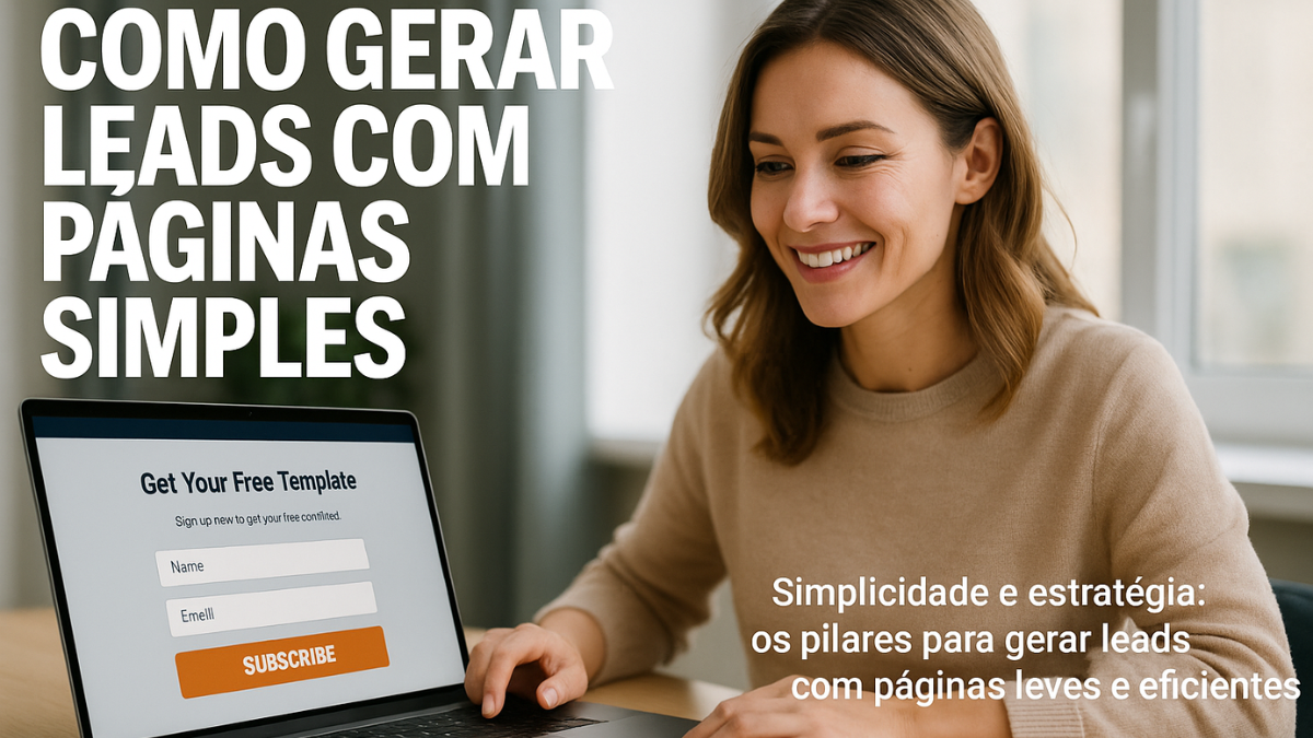 Mulher usando laptop para criar página simples de captura de leads em ambiente moderno, com botão de inscrição em destaque.