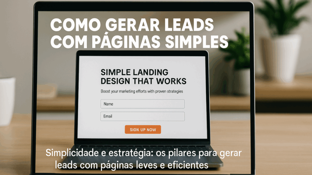 Tela de laptop exibindo uma landing page simples com formulário de captura e botão laranja de inscrição.