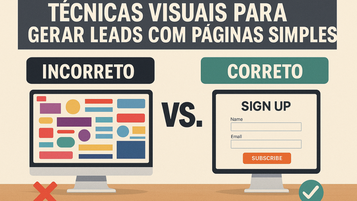 Comparação visual entre uma landing page cheia de elementos e uma página simples com formulário eficaz para geração de leads.