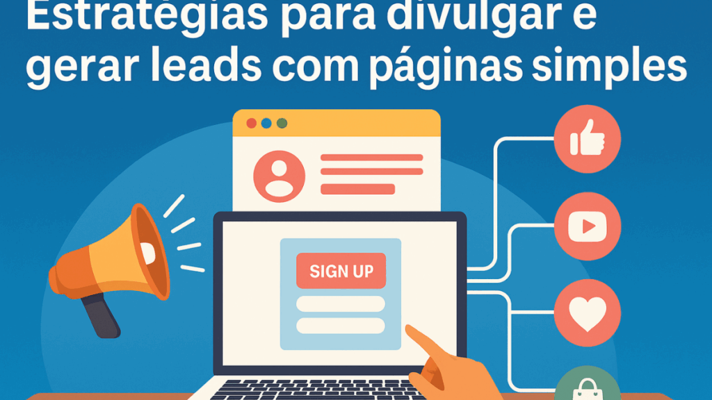 Laptop com landing page, ícones de redes sociais e megafone, simbolizando estratégias para divulgar páginas simples.
