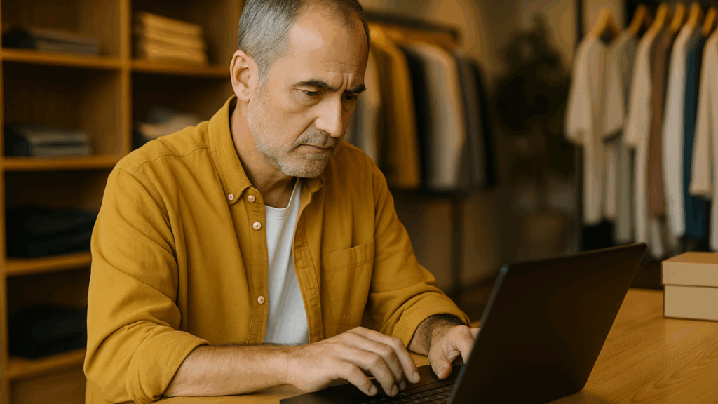 Homem maduro concentrado em notebook dentro de uma loja de roupas, representando o início de sua jornada no e-commerce.