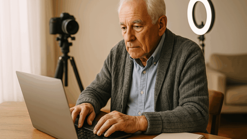 Homem idoso usando notebook com câmera e ring light ao fundo, iniciando sua jornada como criador de conteúdo no YouTube.