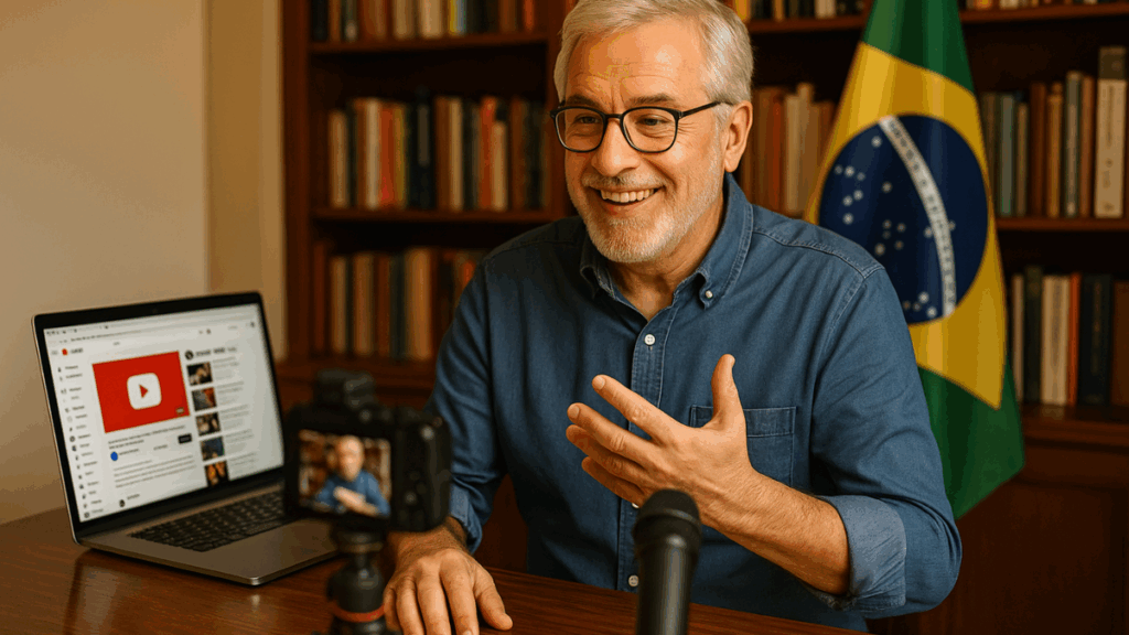 Homem idoso gravando vídeo para canal de política no YouTube, com bandeira do Brasil e câmera profissional ao fundo.