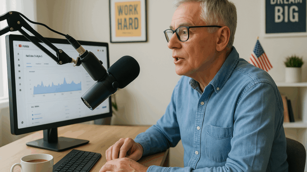 Homem idoso gravando conteúdo em inglês para YouTube, com microfone e bandeira dos EUA no ambiente de gravação.