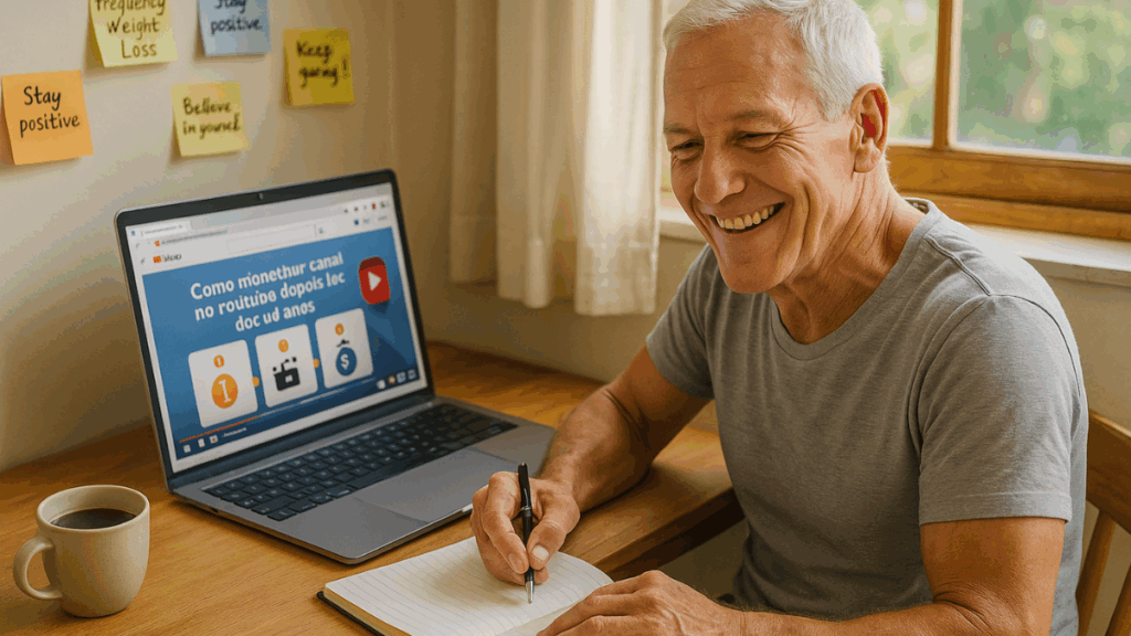 Homem maduro estudando tutoriais de monetização no YouTube e anotando dicas em caderno, com ambiente claro e inspirador.
