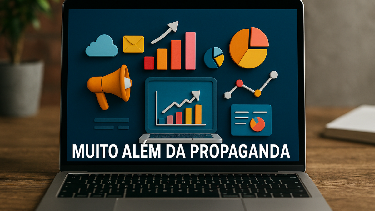 Notebook moderno sobre mesa clara com luz natural, exibindo gráficos e ícones digitais coloridos